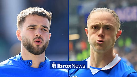 Split image of Nicolas Raskin warming up before a Rangers game and Thelo Aasgaard performing a knee slide after scoring for Rangers