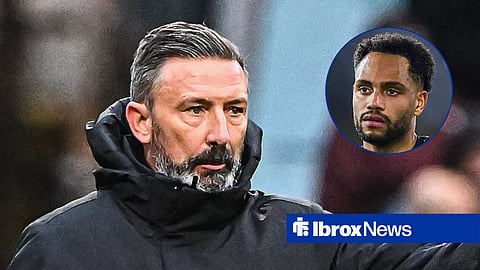 Main image of Derek McInnes giving instructions on the sidelines as Hearts manager with Rangers striker Danilo's face in a circular inset on the right