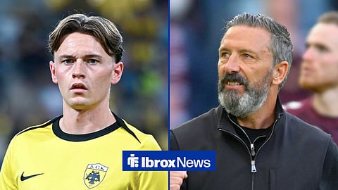 Split image of James Penrice looking on while playing for AEK Athens and Rangers boss Derek McInnes celebrating during his time managing Hearts