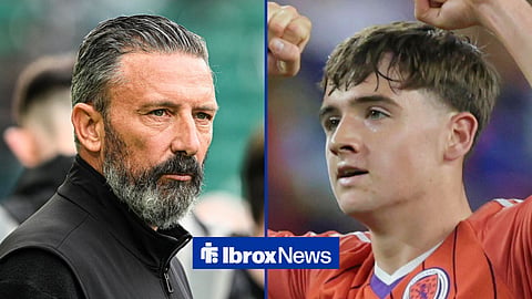 Split image of Derek McInnes looking on as he manages from the sidelines and Rangers winger Findlay Curtis raising his hands while playing for Scotland