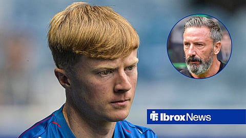 Lyall Cameron wearing Rangers training gear, while looking in the direction of Derek McInnes, who sits in circular inset.