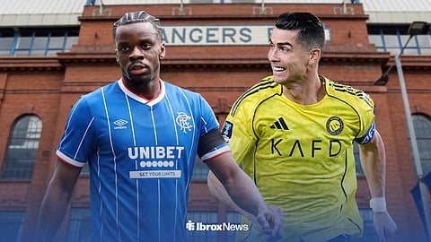 Stephy Mavdidi in a Rangers shirt outside of Ibrox and Al Nassr's Cristiano Ronaldo next to him.
