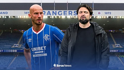 Vaclav Cerny in a Rangers kit, with Russell Martin alongside him and Ibrox in the background