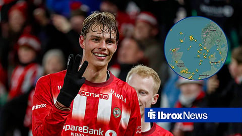 Jens Hjerto-Dahl celebrating for Tromso, with a plane radar in a circular frame inset