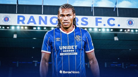 Corrie Ndaba in a Rangers shirt ahead of Ibrox.