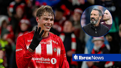 Jens Hjerto-Dahl celebrating and Rangers boss Derek McInnes in inset