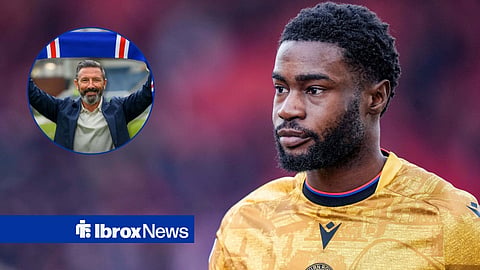 Derek McInnes smiling with Rangers flag in circular inset with Ryan Alebiosu playing for Blackburn