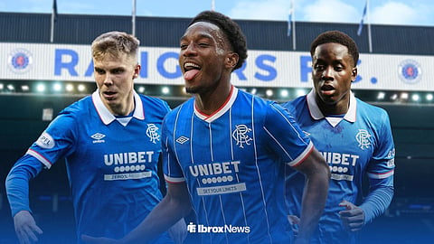Amario Cozier-Duberry, Djeidi Gassama and Oliver Antman in Rangers shirts