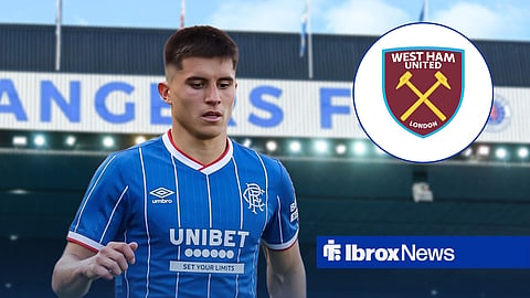 Vanja Dragojevic in a Rangers shirt, West Ham badge in inset