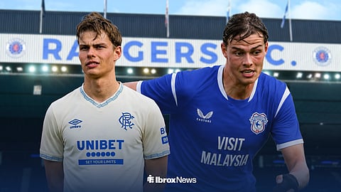 Jens Hjerto-Dahl in a Cardiff shirt and a Rangers shirt side by side