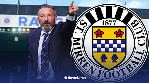 Rangers boss Derek McInnes with a St Mirren badge in the background