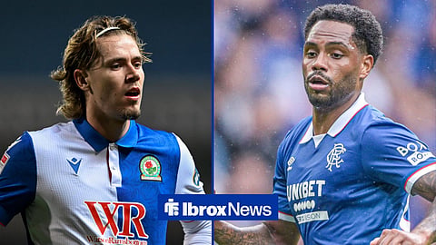 Todd Cantwell looking right in Blackburn action, with Danilo looking left in Rangers kit in image split