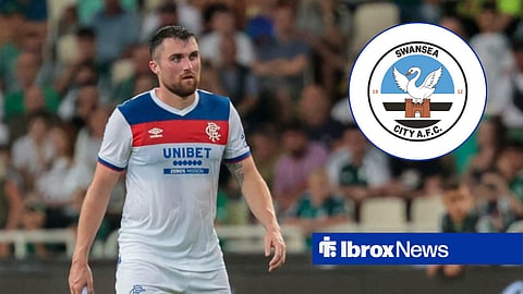 John Souttar in action for Rangers, Swansea badge in inset