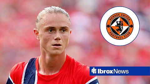 Rangers star Thelo Aasgaard and Dundee United badge in inset