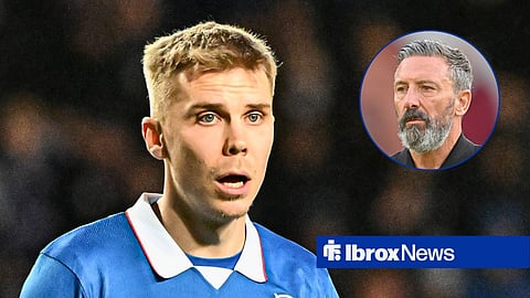 Main image of Oliver Antman looking on while playing for Rangers and Derek McInnes staring while managing on the pitch