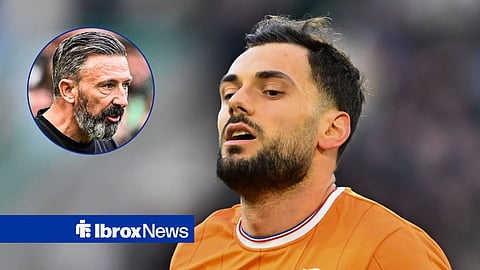 Main image of Nedim Bajrami playing for Rangers and Derek McInnes' face in a circular inset on the left