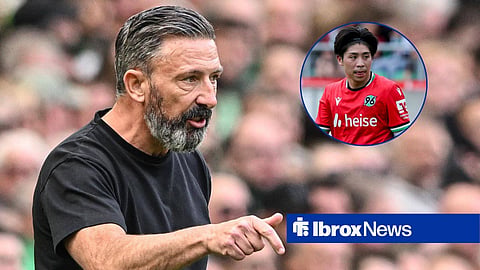 Derek McInnes pointing down with Daisuke Yokota at Hannover 96 in circular inset looking right