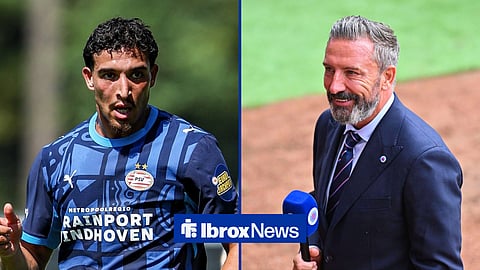 Split image of Couhaib Driouech in action for PSV during pre-season and Rangers manager Derek McInnes smiling