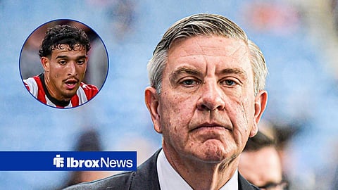 Main image Rangers chairman Andrew Cavenagh looking on and Couhaib Driouech's face in a circular inset on the left as he's in action for PSV