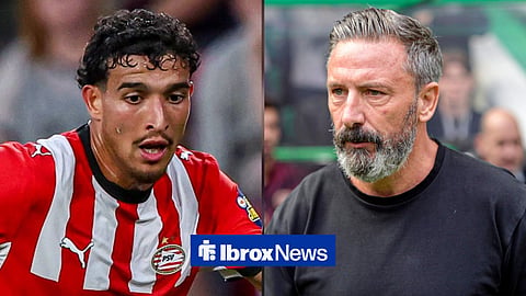 A 50:50 image with Couhaib Driouech in a PSV shirt on the left, and Rangers manager Derek McInnes on the right.