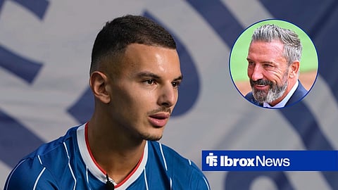 Main image of Badredine Bouanani giving his first Rangers interview and Derek McInnes' smiling face in a circular inset on the right