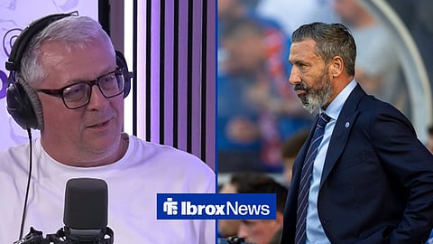 Tom English speaking on BBC Scotland, with Derek McInnes in the dugout to his right in a 50-50 image