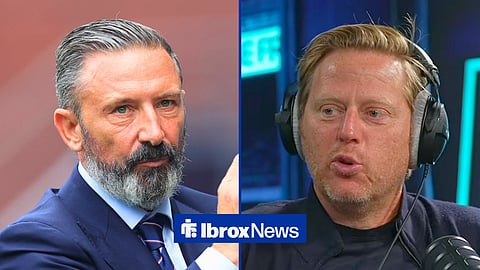 Split image of Rangers manager Derek McInnes and Michael Stewart speaking on a podcast