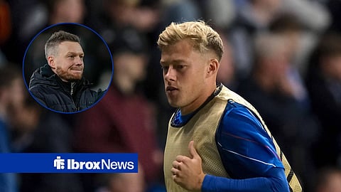 Connor Barron warming up for Rangers, with Kim Hellberg in a circular frame inset