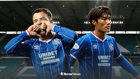 Nicolas Raskin and Minsu Kim in Rangers shirts ahead of Celtic Park