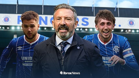 Derek McInnes in the centre, with Nicolas Raskin and Dan Neil either side and Ibrox in the background