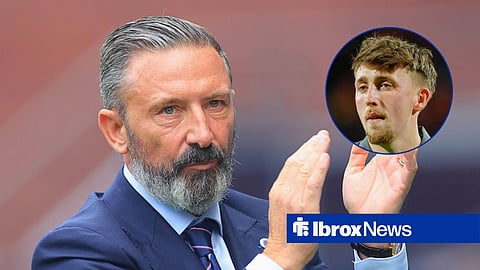 Main image of Derek McInnes clapping after a Rangers game and Dan Neil's face in a circular inset on the right
