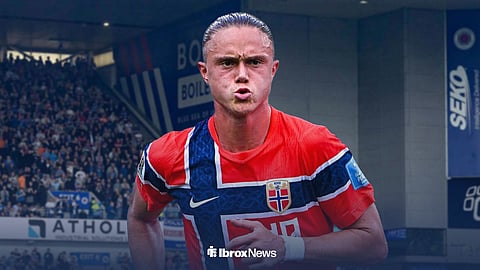 Thelo Aasgaard in a Norway kit ahead of Ibrox Stadium, home of Rangers FC.