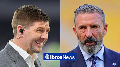 Split image of Steven Gerrard smiling and Rangers boss Derek McInnes