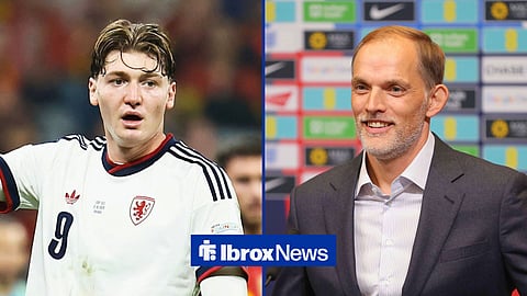 Split image of Rangers striker Ryan Naderi playing for Czechia and England manager Thomas Tuchel