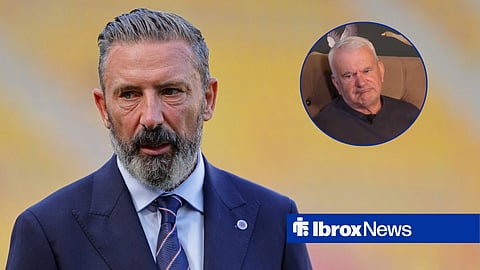 Derek McInnes looking forward in Rangers suit, Gordon Dalziel shaking head in circular inset