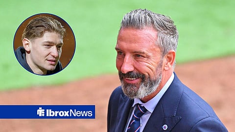 Main image of Rangers manager Derek McInnes smiling and Ryan Naderi's face in a circular inset on the left