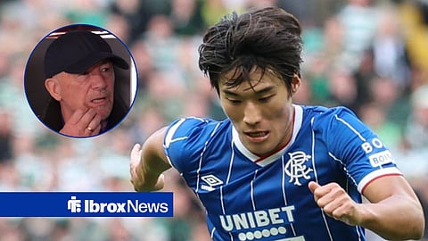 Derek Ferguson speaking on a podcast while looking in the direction of Rangers star Minsu Kim in action against Celtic.