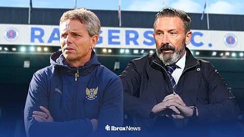 Simo Valakari on the left and Derek McInnes on the right, with Ibrox in the background
