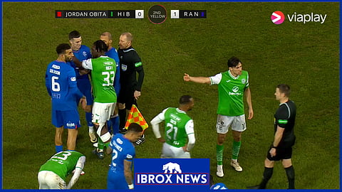 Jordan Obita is sent off for Hibernian v Rangers. Credit: Viaplay Sports UK