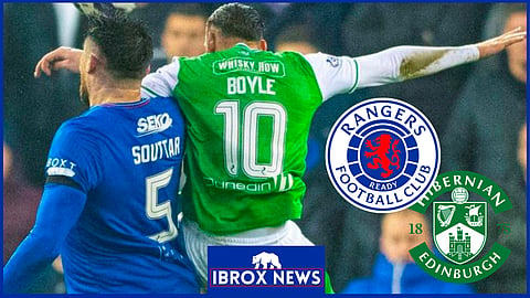 John Souttar and Martin Boyle challenge for the ball in Rangers v Hibs. Credit: BBC Sport
