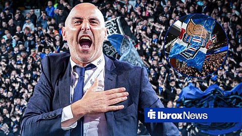Kevin Muscat alongside a circle inset of the Rangers badge.