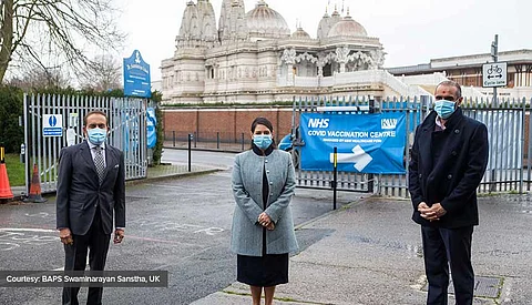 Priti Patel visits Neasden Temple’s ‘heroic’ new Covid vaccine hub