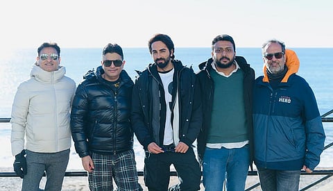 Ayushmann Khurrana (centre) at Action Hero shoot in UK