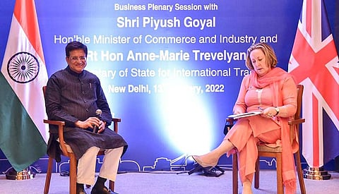 Indian Commerce Minister Piyush Goyal with UK counterpart Anne-Marie Trevelyan in New Delhi