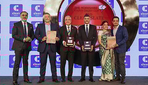 (L-R) Amreesh Chandra, Darren Gough, Lord Patel, Ajay Sharma, Anvitaa Dutt, Karnesh Ssharma