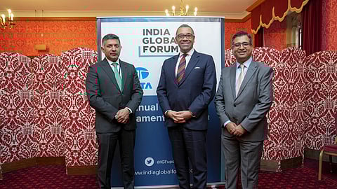 UK Foreign Secretary James Cleverly (centre) with High Commissioner Vikram Doraiswami & Prof. Manoj Ladwa