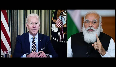 Indian Prime Minister Narendra Modi speaks during the First Quad Leaders’ Virtual Summit as US President Joe Biden looks on. This grouping of nations can transform what is essentially a platform for military dialogue into a coalition of democracies that could offer countries in the Indo-Pacific alternatives to China in a variety of fields.