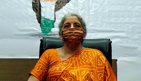 Union Finance Minister Nirmala Sitharaman at a meeting with industrialists and businessmen in Ahmedabad. India released its GDP estimates for the third quarter which showed a growth of 0.4 percent, which put the economy out of a technical recession.