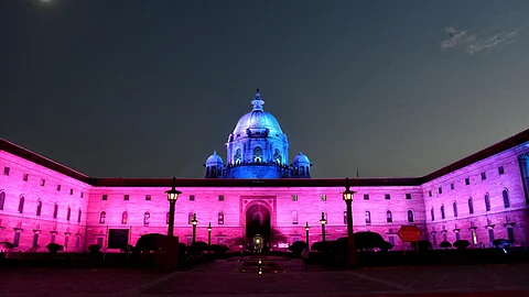The centre of power. A night-time illuminated view of South Bloc at Raisina Hill, New Delhi. India today conducts its foreign policy with a newfound self-assurance.