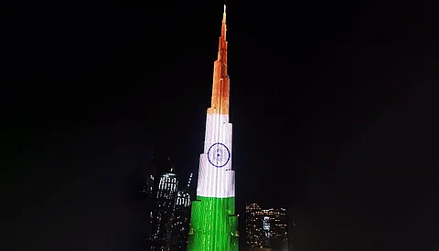 Dubai’s Burj Khalifa illuminated in the Indian National Tricolour on the occasion of India's Independence Day. The two countries have forged strong bonds together to create development opportunities in several key sectors - such as energy, space, technology, education, healthcare, investments and infrastructure.